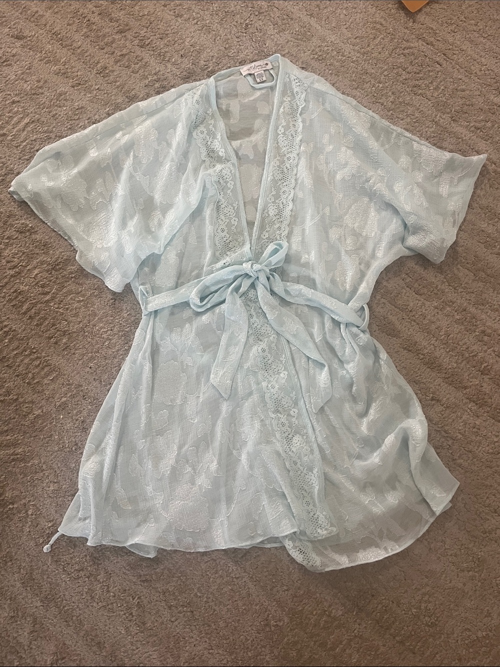 In Bloom Aqua Lace-Trim Floral Feminine Short Sleeve Lingerie Kimono Robe M/L